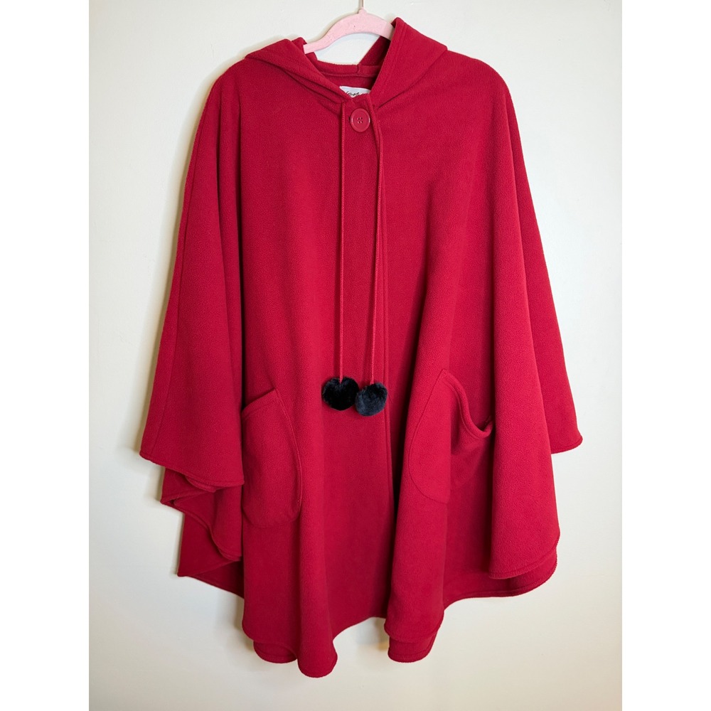 Le Moda Womens Red Fleece Hooded Cape Poncho Jacket Button Front One Size Witch